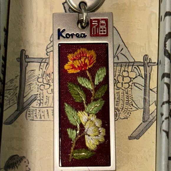 Silver Tone Korean Mask Keychain with Flower 🌺 Tag In Box 🗃️ engraved back Korea - Picture 4 of 17